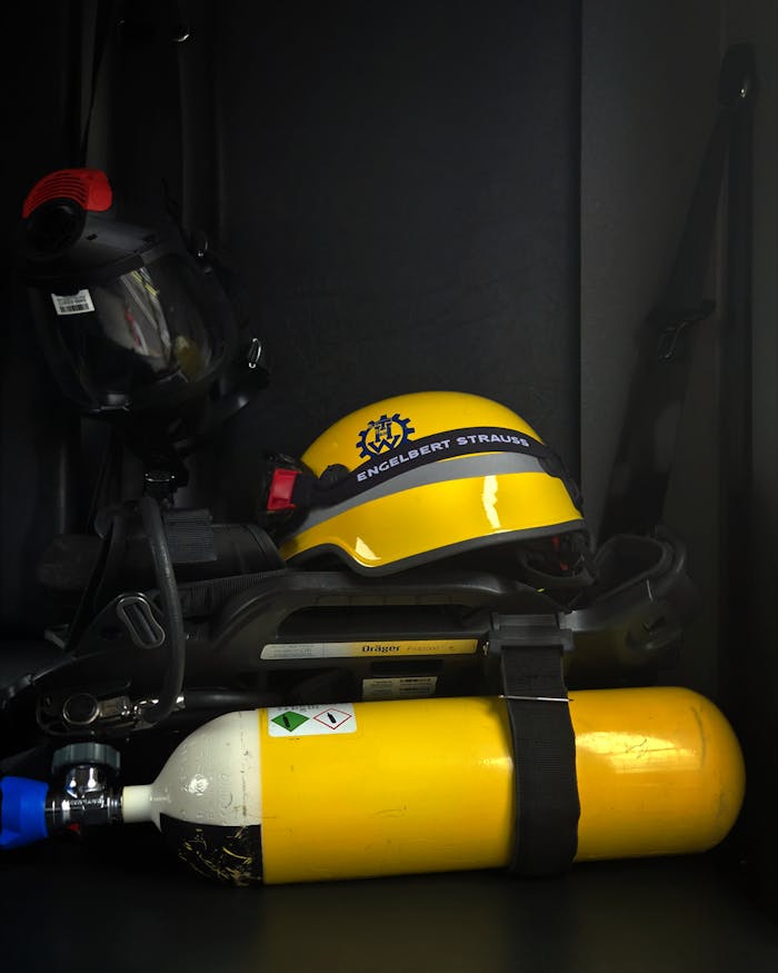 Crafting Captivating Headlines: Your awesome post title goes here Yellow firefighter equipment featuring a helmet, breathing mask, and oxygen tank for safety training.